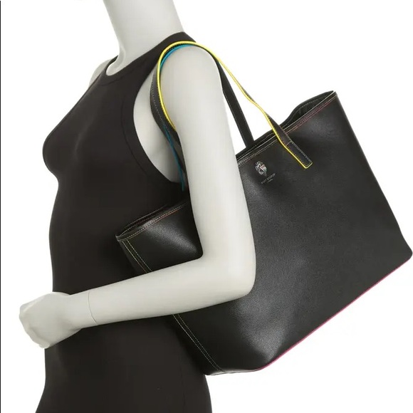 KURT GEIGER LONDON Richmond Shopper Black Tote Bag With Rainbow Lined Stitching - Picture 7 of 9